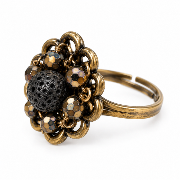OOAK Lava Rock & Czech Glass Adjustable Brass Ring