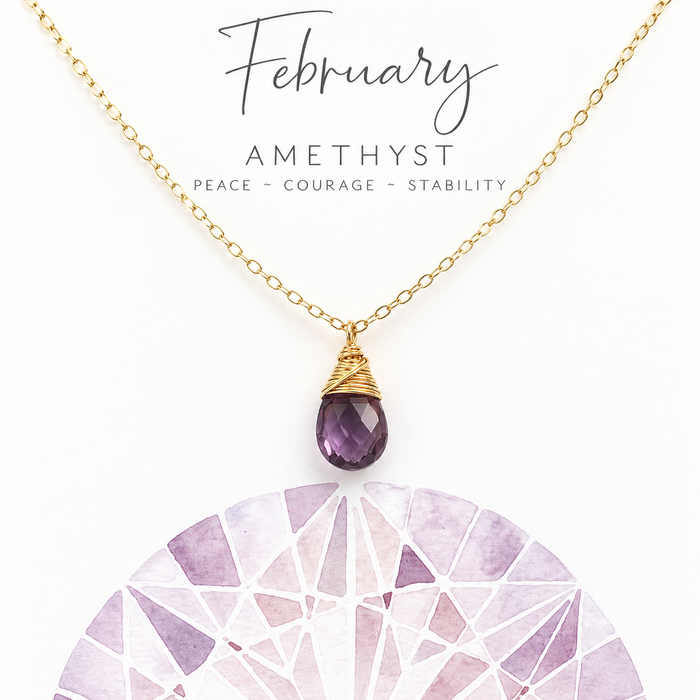 Amethyst Birthstone Necklace – February Gemstone Jewelry, 14k Gold Filled Briolette, Handmade Gift for Her