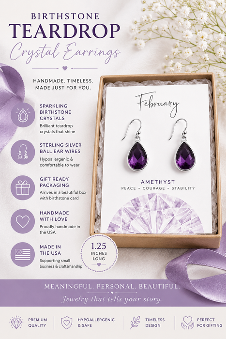 February Birthstone Earrings - Amethyst Crystal Sterling Silver Teardrop Earrings