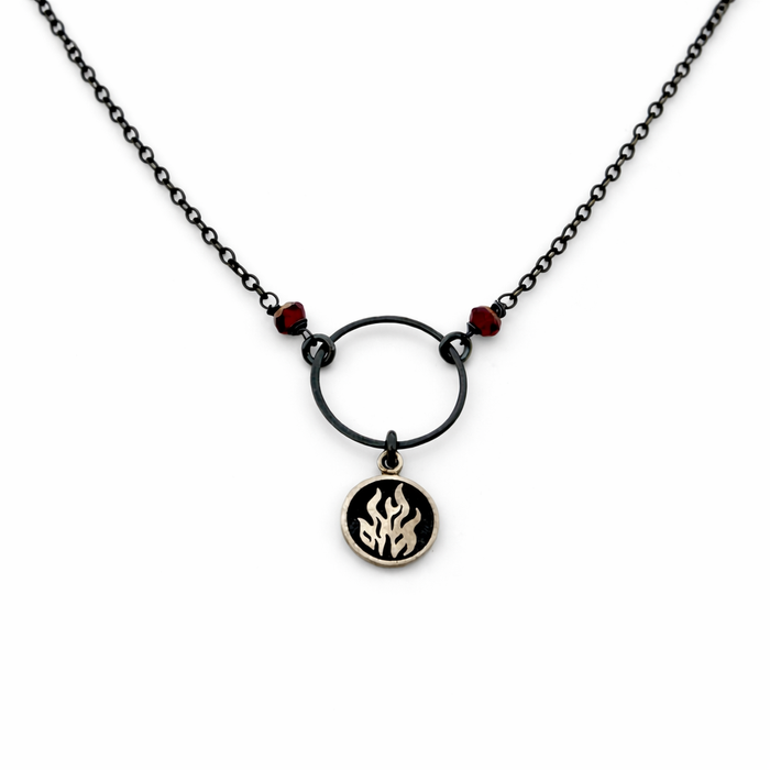 Fire Element Garnet Necklace – Oxidized Sterling Silver Circle Necklace – Dark Minimalist Elemental Jewelry