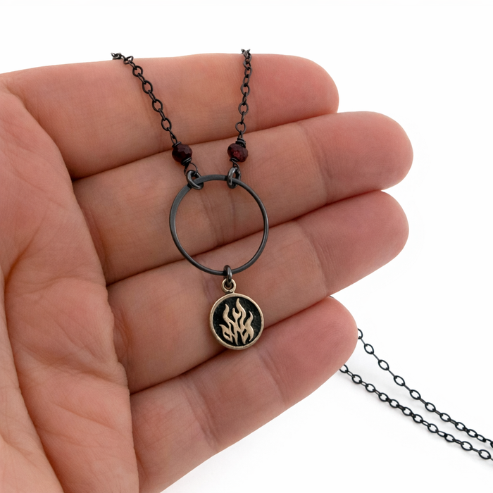 Fire Element Garnet Necklace – Oxidized Sterling Silver Circle Necklace – Dark Minimalist Elemental Jewelry
