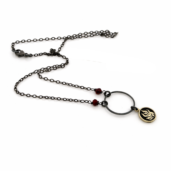Fire Element Garnet Necklace – Oxidized Sterling Silver Circle Necklace – Dark Minimalist Elemental Jewelry