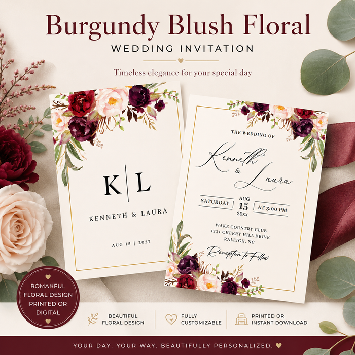 Burgundy Blush Floral Wedding Invitation Template