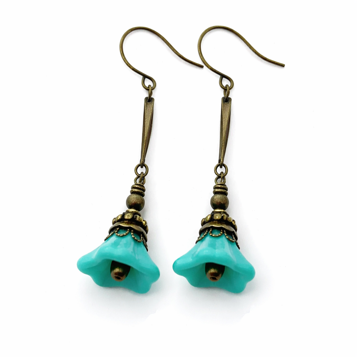 Czech Glass Turquoise Flower Earrings – Brass Dangle Earrings, 1.75"