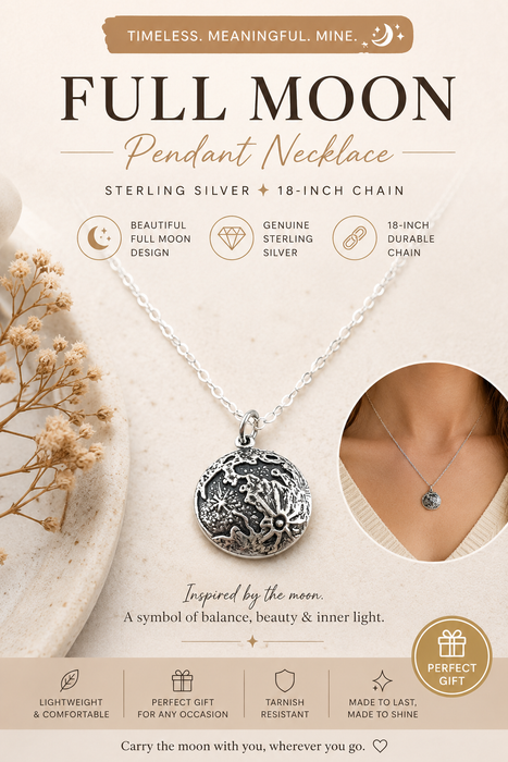 Full Moon Pendant Necklace – Sterling Silver, 18-Inch Chain