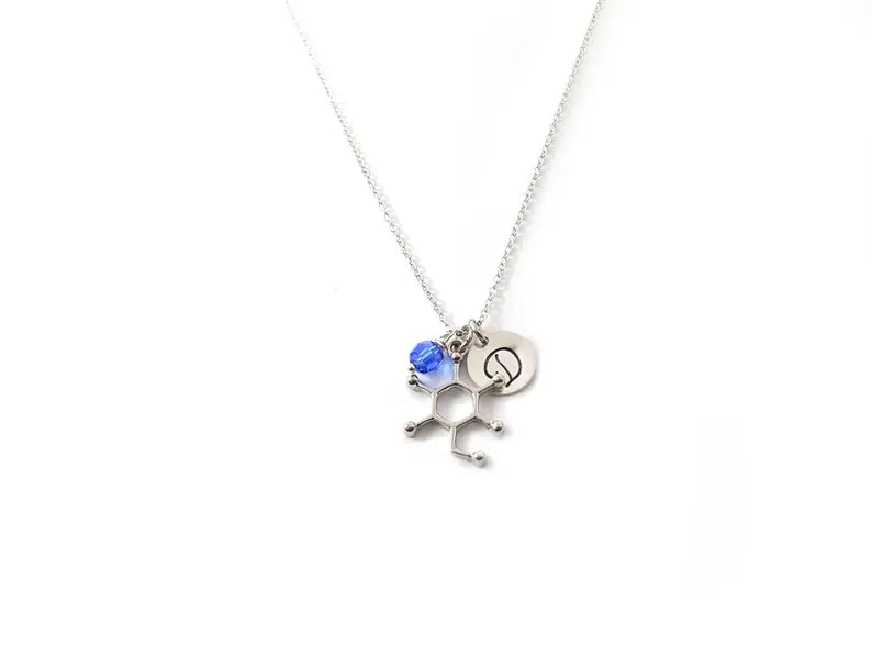 Personalized Glucose Molecule Necklace – Sterling Silver Science Charm with Birthstone & Initial