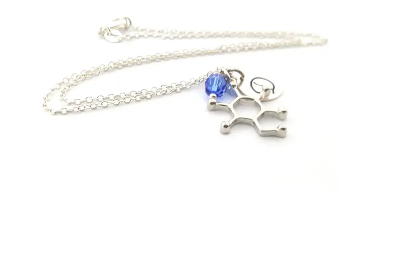 Personalized Glucose Molecule Necklace – Sterling Silver Science Charm with Birthstone & Initial