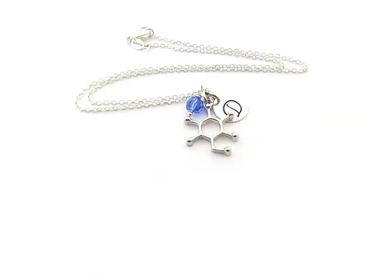 Personalized Glucose Molecule Necklace – Sterling Silver Science Charm with Birthstone & Initial