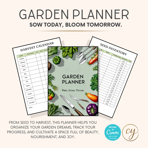 Editable 40-page Garden Planner Canva template with planting layouts and care logs