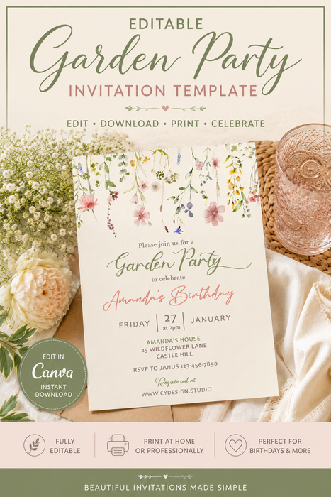 Garden Party Invitation | Editable Canva Template