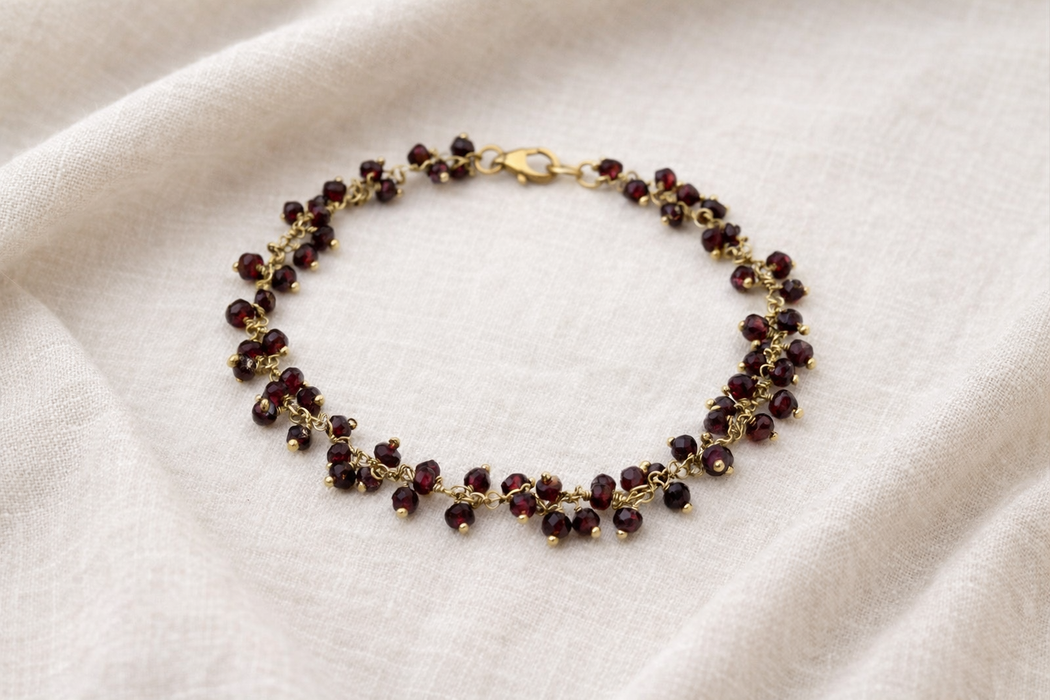 Garnet Gemstone Cluster Bracelet – Gold Filled – Handmade in Raleigh NC – January Birthstone Bracelet