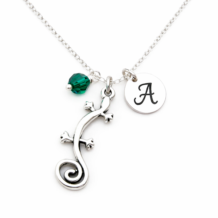 Personalized Gecko Necklace – Sterling Silver Chain with Birthstone & Initial