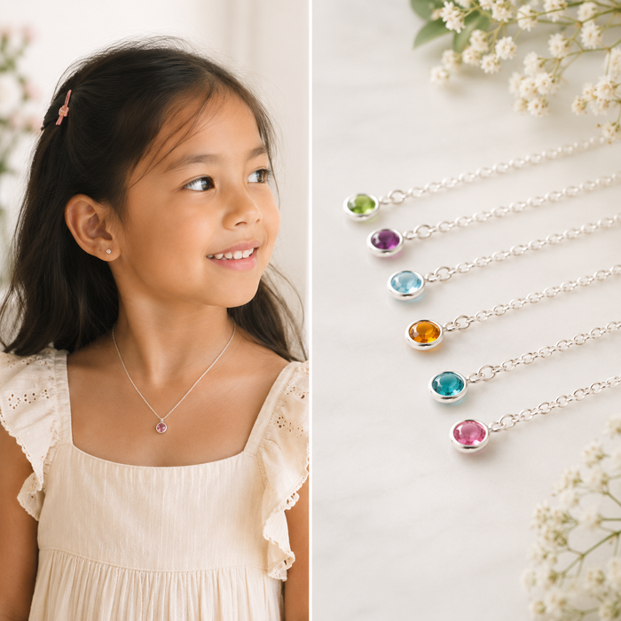 Girls Swarovski Birthstone Necklace – Sterling Silver or 14k Gold Filled