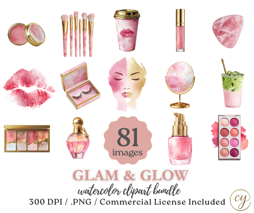 Glam & Glow Watercolor Clip Art Bundle – Pink & Gold MUA Icons (81 PNGs, Commercial License)