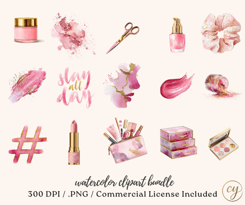 Glam & Glow Watercolor Clip Art Bundle – Pink & Gold MUA Icons (81 PNGs, Commercial License)