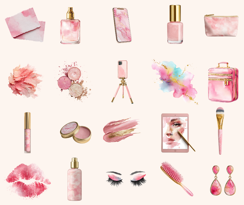 Glam & Glow Watercolor Clip Art Bundle – Pink & Gold MUA Icons (81 PNGs, Commercial License)