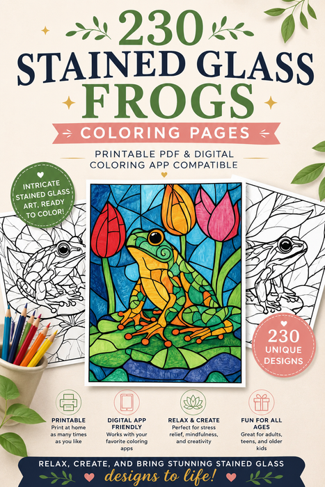 230 Stained Glass Frogs Coloring Pages – Printable PDF & Digital Coloring App Compatible