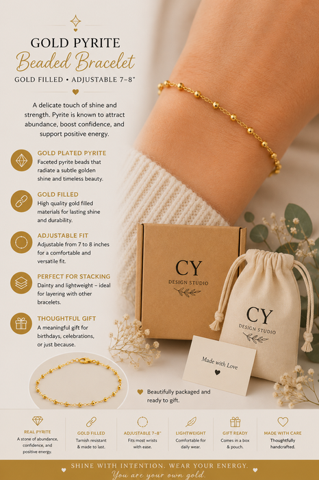 Gold Plated Pyrite Beaded Bracelet – Gold Filled, Adjustable 7–8"
