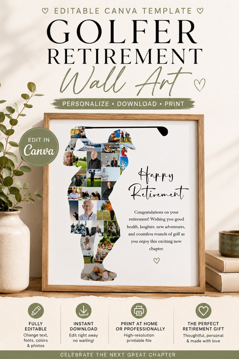 Golfer Retirement Wall Art Template | Editable Canva Retirement Gift