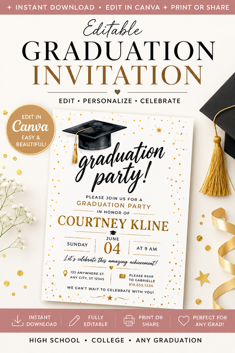 Editable Graduation Party Invitation – Canva Template
