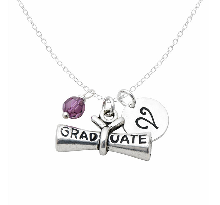Graduation Diploma Necklace – Sterling Silver with Birthstone & Initial Charm