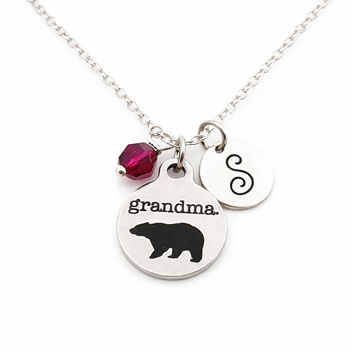 Grandma Bear Necklace – Sterling Silver with Birthstone & Initial Charm