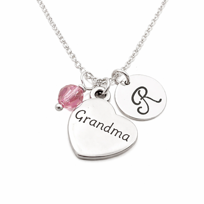 Grandma Necklace – Sterling Silver with Birthstone & Initial Charm