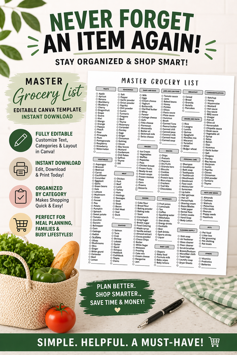Master Grocery List Canva Template – Printable & Editable Checklist
