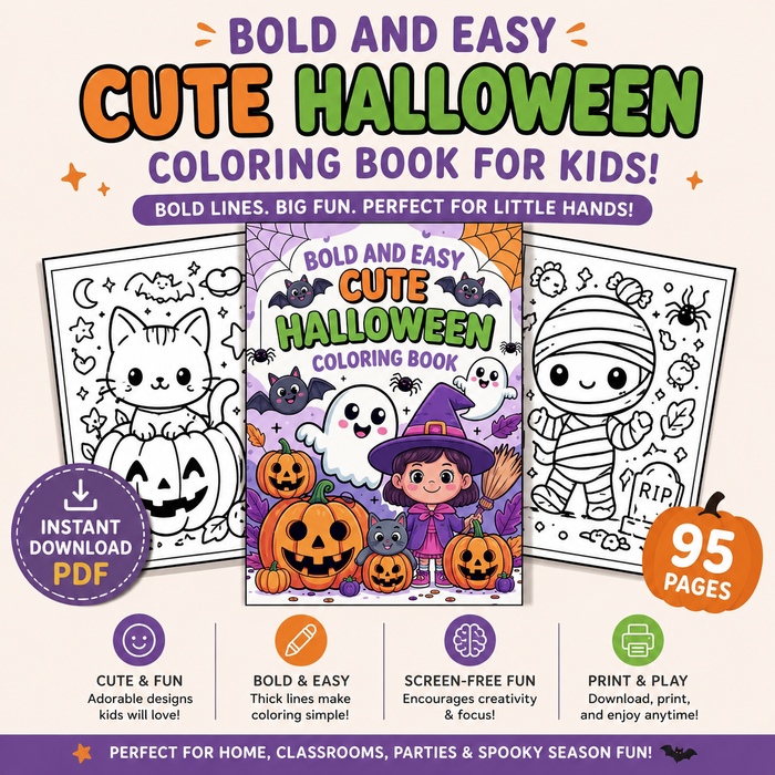 Bold & Easy Halloween Coloring Book for Kids – 95 Pages | Instant Download PDF
