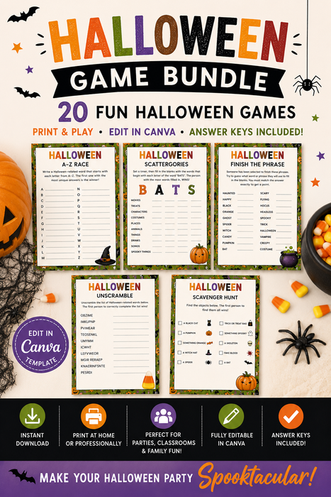 Halloween Party Games Bundle | 20 Printable Halloween Games | Editable in Canva
