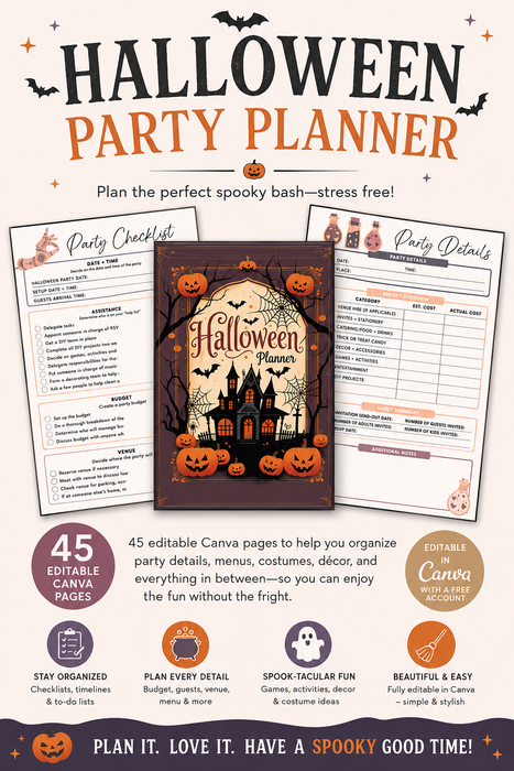 Halloween Party Planner – 45-Page Canva Template for Events, Menus, Decor & More