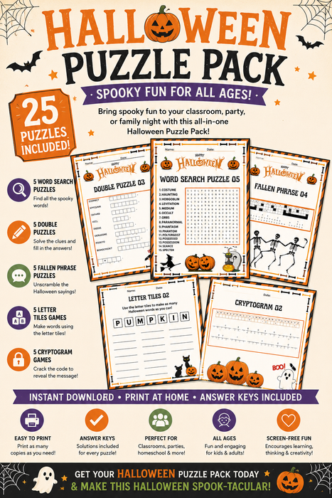 Halloween Puzzle Pack – 25 Printable Halloween Puzzles for Kids (PDF, Instant Download)