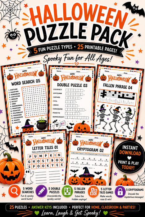Halloween Puzzle Pack – 25 Printable Halloween Puzzles for Kids (PDF, Instant Download)