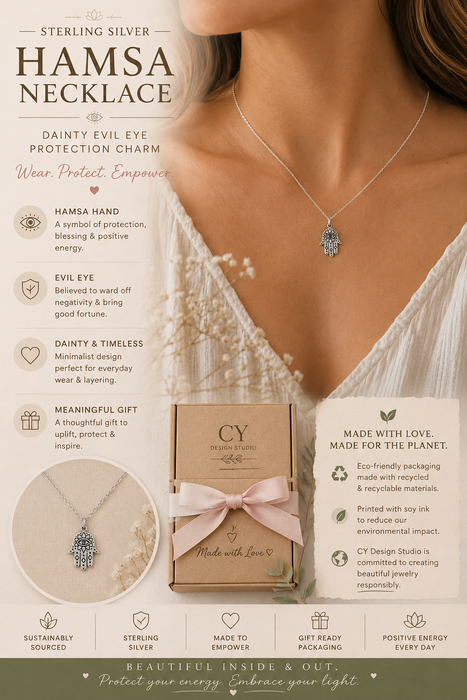 Sterling Silver Hamsa Necklace – Dainty Evil Eye Protection Charm
