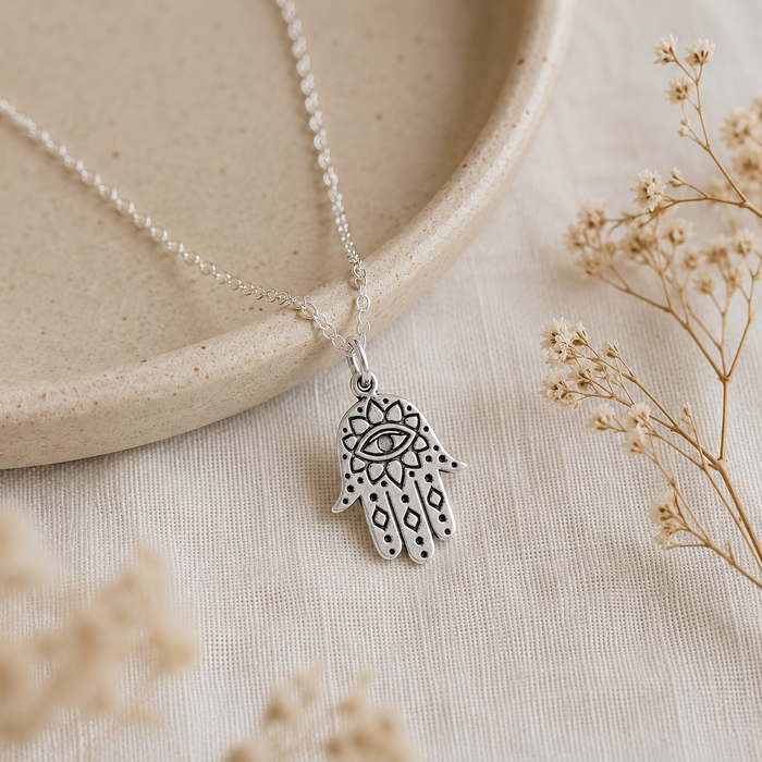 Sterling Silver Hamsa Necklace – Dainty Evil Eye Protection Charm