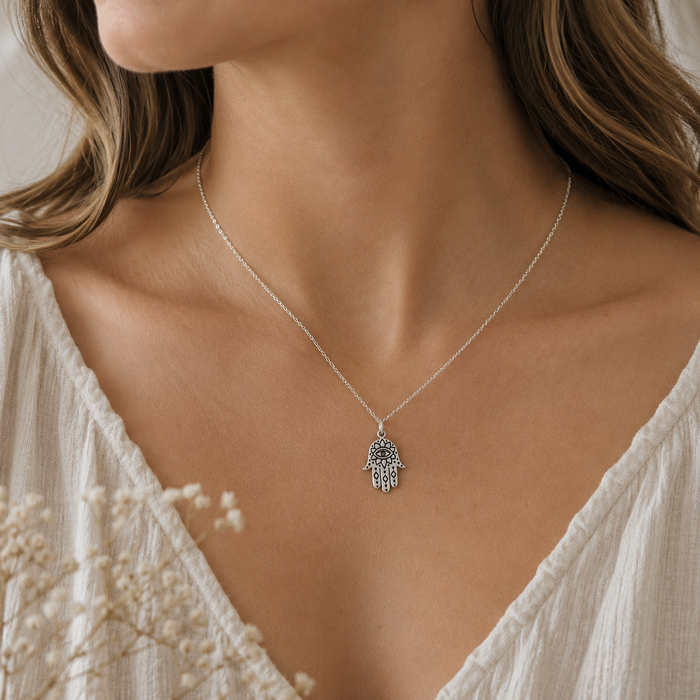 Sterling Silver Hamsa Necklace – Dainty Evil Eye Protection Charm