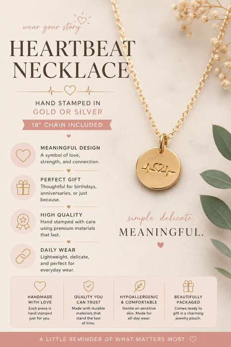 Heartbeat Necklace – Hand Stamped in Gold or Silver, 18" Chain