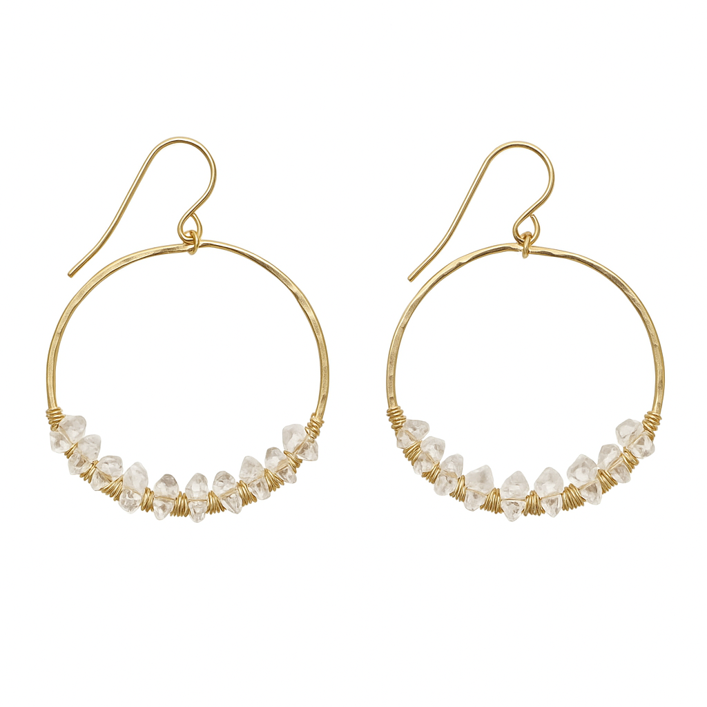 Hammered Gold Hoop Earrings with Wire-Wrapped Herkimer Diamonds – Hand ...