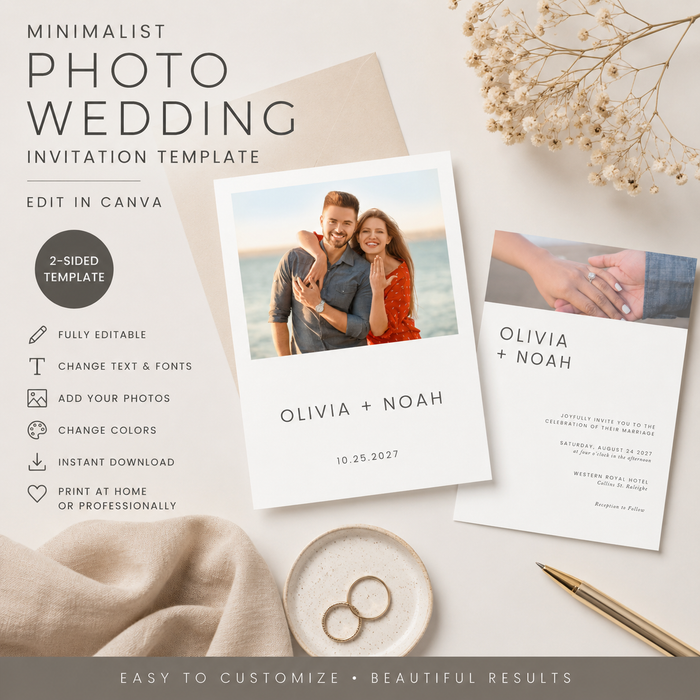 Minimalist Photo Wedding Invitation Template | Editable Canva Invitation