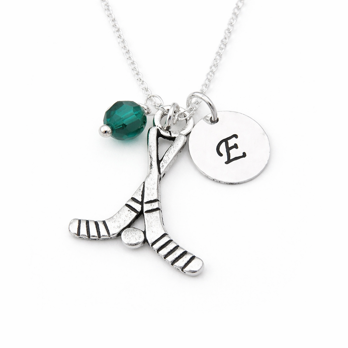 Hockey Stick Necklace – Sterling Silver with Birthstone & Initial Charm