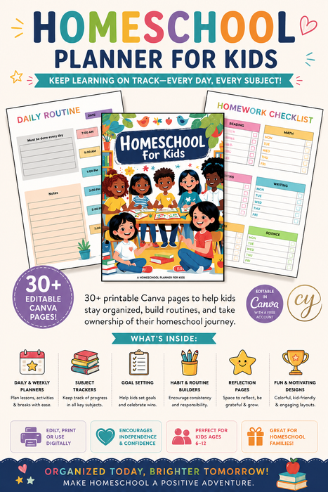 Homeschool Planner for Kids – 30+ Page Canva Template with Daily & Weekly Trackers