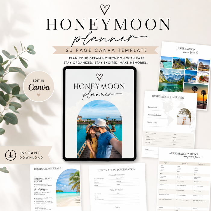 Honeymoon Planner Template | 21-Page Editable Canva Planner