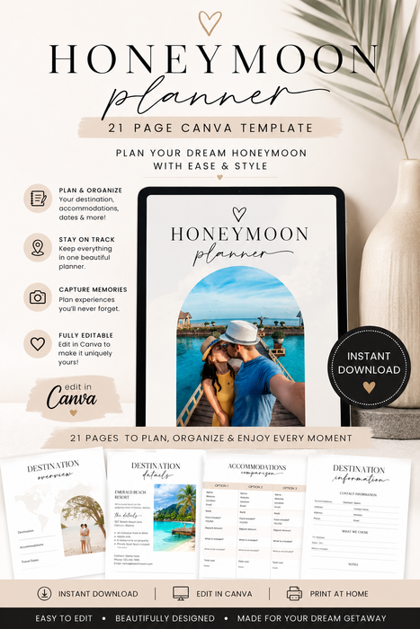 Honeymoon Planner Template | 21-Page Editable Canva Planner