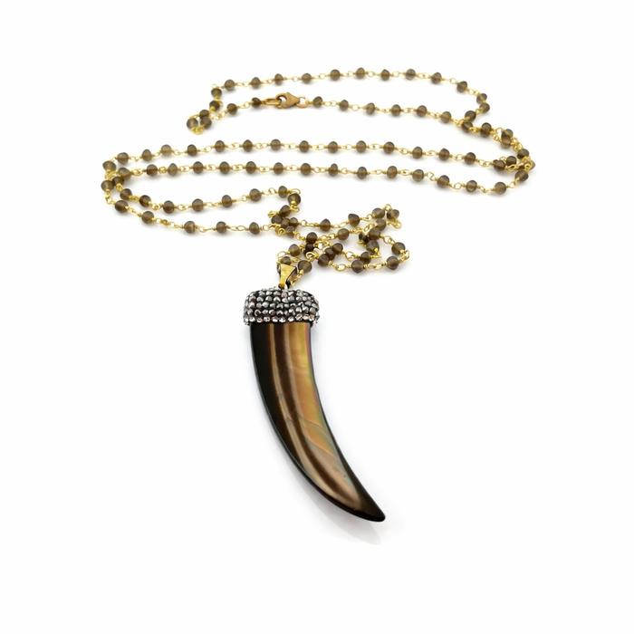 Bohemian Brown Shell Horn Necklace with Smoky Quartz – 14k Gold Filled Rosary Chain