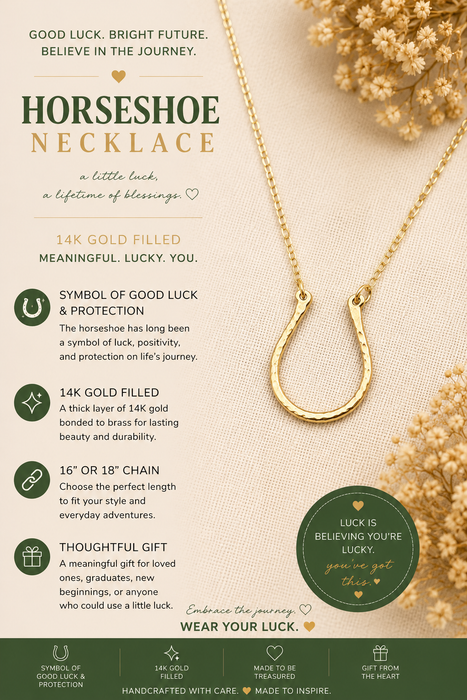 Gold Filled Horseshoe Necklace – Handmade Good Luck Pendant, 14K Yellow Gold Filled Chain
