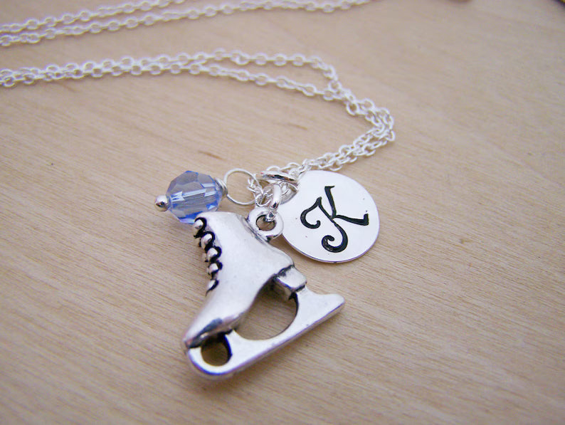 Personalized Ice Skating Necklace – Sterling Silver Skate Charm with Birthstone & Initial