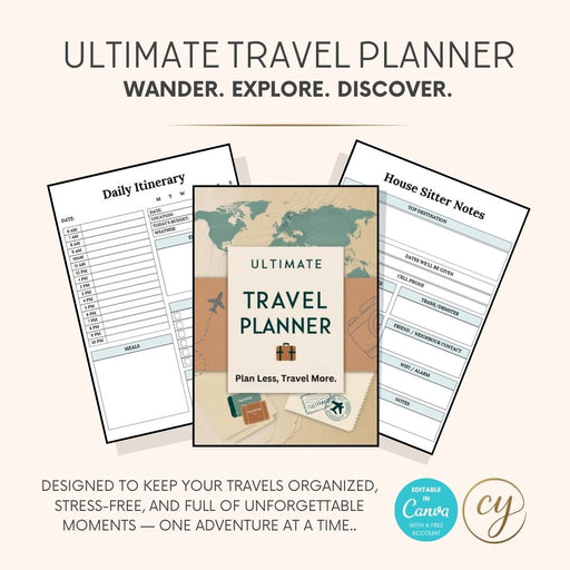 Printable 33-page Ultimate Travel Planner template - editable in Canva