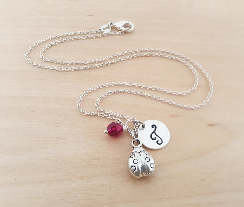 Ladybug Charm Necklace with Birthstone & Initial