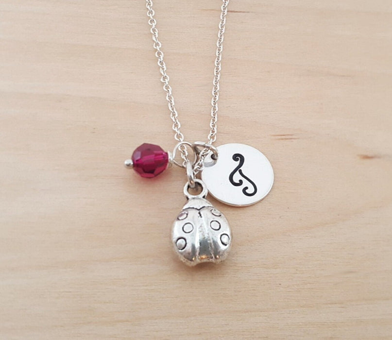 Ladybug Charm Necklace with Birthstone & Initial