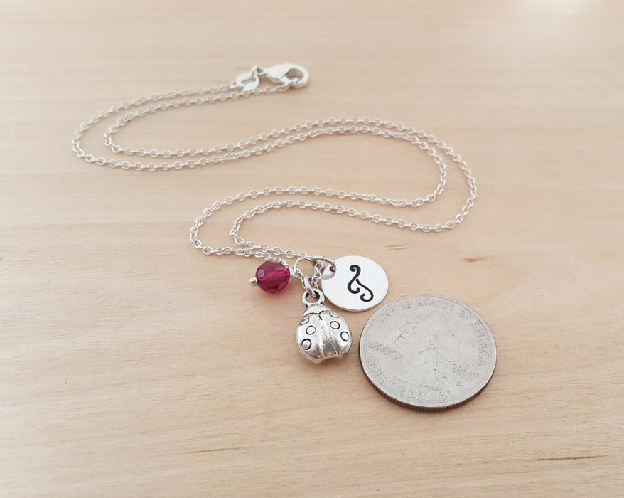 Ladybug Charm Necklace with Birthstone & Initial